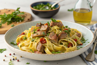 Вкусное блюдо из пасты с мясом и свежей зеленью, приготовленное с помощью генеративного искусственного интеллекта - RomanZ