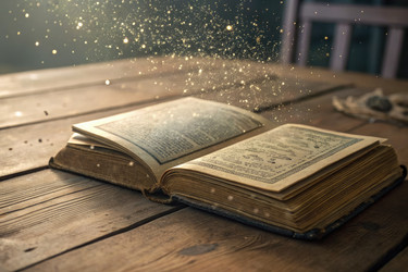 Открытая книга, лежащая на деревянном столе, с мерцающими частицами (генеративный ИИ) - RomanZ