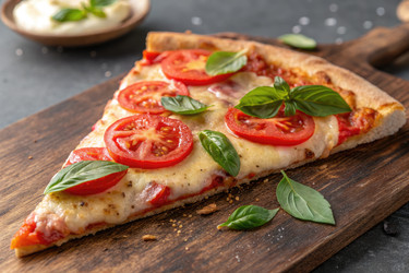 Вкусный кусочек классической пиццы со свежими помидорами и базиликом на деревянной доске, готовый к употреблению. Генеративный ИИ - RomanZ