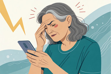 Пожилая женщина испытывает стресс, проверяя свой смартфон (генеративный ИИ) - RomanZ