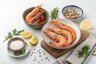 Вкусное блюдо из морепродуктов с креветками и свежими гарнирами. Генеративный искусственный интеллект - RomanZ
