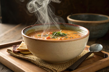 Вкусная тарелка горячего супа, поданная на деревенском деревянном подносе. Генеративный искусственный интеллект - RomanZ