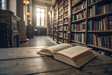 Открытая книга на деревянном столе в историческом интерьере библиотеки. Генеративный ИИ - RomanZ