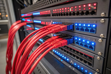 Сетевое оборудование с разноцветными кабелями в центрах обработки данных. Генеративный ИИ - RomanZ