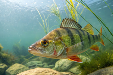 Крупный план европейского окуня, плавающего среди камней и водной растительности в естественной среде обитания. Генеративный ИИ - RomanZ
