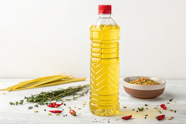 Растительное масло с травами и специями на кухонной столешнице. Генеративный искусственный интеллект - RomanZ