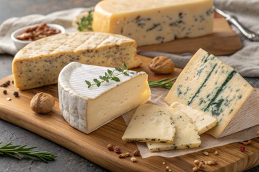 Сырная тарелка с различными сортами сыра и орехами, представленная с помощью генеративного искусственного интеллекта - RomanZ