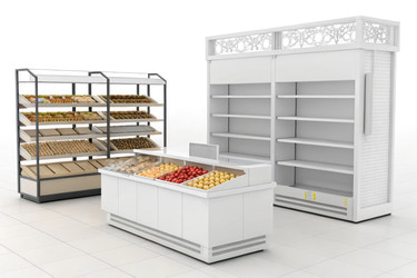 Современная витрина продуктового магазина со свежими продуктами и пустыми полками (генеративный ИИ) - RomanZ