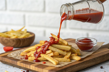 Хрустящая картошка фри, политая насыщенным томатным кетчупом, на деревянной доске. Генеративный искусственный интеллект - RomanZ