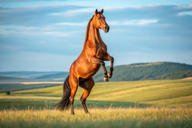 Бурая лошадь, стоящая на задних ногах в открытом поле в «золотой час» на фоне холмов. Генеративный ИИ - RomanZ
