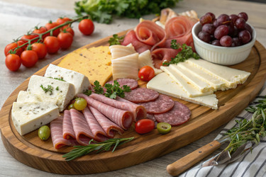 Закусочная доска с разнообразными мясными деликатесами, сырами и виноградом. Генеративный ИИ - RomanZ