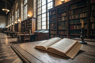 Историческая библиотека с открытой книгой и атмосферой при свечах, созданная с помощью генеративного ИИ - RomanZ