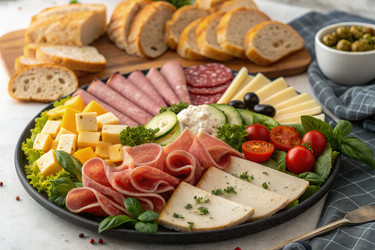 Вкусное мясное ассорти с разнообразными видами мяса и сыров. Генеративный искусственный интеллект - RomanZ