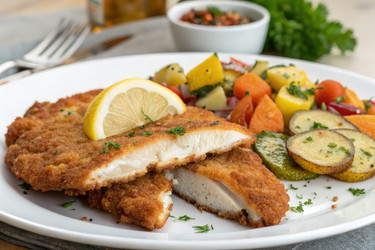Хрустящая жареная курица с овощами и лимонной заправкой. Подается с использованием генеративного искусственного интеллекта - RomanZ