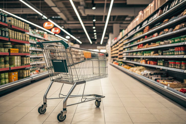 Тележка для покупок в проходе продуктового магазина. Генеративный ИИ - RomanZ