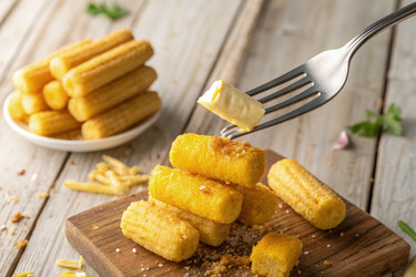 Вкусные кукурузные палочки на вилке на фоне деревянной доски и еще палочки на тарелке (генеративный ИИ) - RomanZ