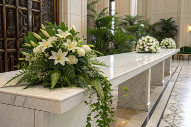 Элегантная цветочная композиция на мраморном столе в Мемориальном зале. Генеративный искусственный интеллект - RomanZ