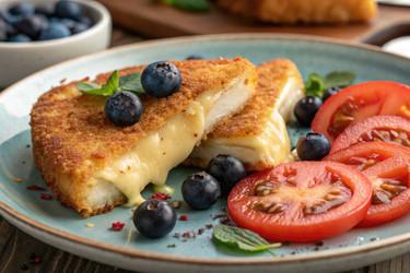Вкусно приготовленный жареный сыр с ягодами и помидорами. Генеративный ИИ - RomanZ
