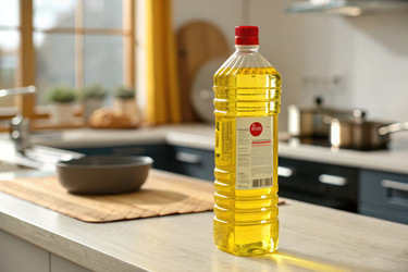 Бутылка растительного масла на кухонном столе рядом с миской и кастрюлей. Генеративный ИИ - RomanZ