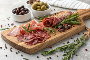 Изысканная мясная тарелка с оливками и зеленью, представленная с помощью генеративного искусственного интеллекта - RomanZ