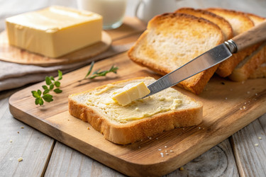 Нарезка свежего хлеба с маслом в уютной кухонной обстановке. Генеративный искусственный интеллект - RomanZ