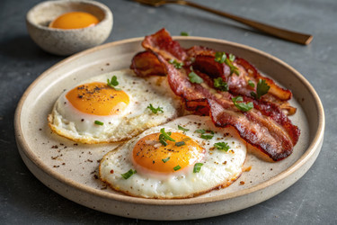 Вкусные жареные яйца с хрустящим беконом на нейтральной тарелке – популярная закуска на завтрак, подаваемая в современном интерьере. Генеративный искусственный интеллект - RomanZ