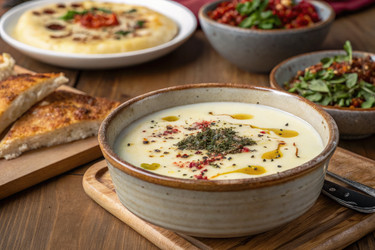 Вкусный суп, подаваемый с хрустящим хлебом и гарнирами. Генеративный искусственный интеллект - RomanZ