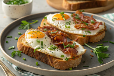 Вкусный завтрак из яиц и бекона на поджаренном хлебе. Генеративный ИИ - RomanZ