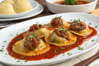 Вкусные равиоли с мясом, подаваемые с пикантным соусом и украшенные зеленью на белой тарелке. Генеративный искусственный интеллект - RomanZ