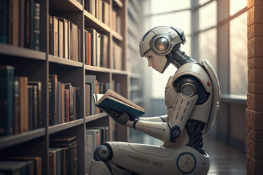 Робот читает книгу в библиотеке при дневном свете. Генеративный искусственный интеллект - RomanZ