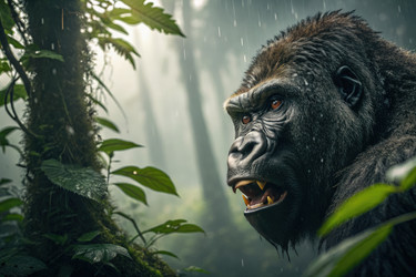 Close up of an Angry Gorilla’s Face Amidst Rain in the Rainforest Displaying Fierce Expression Generative AI - RomanZ