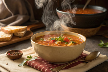 Теплая тарелка вкусного овощного супа со свежей зеленью. Генеративный ИИ - RomanZ