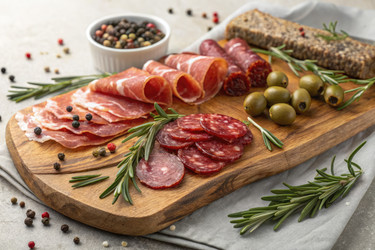 Доска для закусок с разнообразными мясными деликатесами и оливками. Генеративный искусственный интеллект - RomanZ
