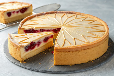 Вкусный чизкейк с ягодной начинкой на сером столе. Генеративный ИИ - RomanZ