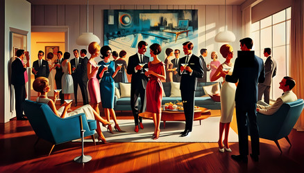 Классическая сцена коктейльной вечеринки 1960-х годов: элегантные гости в вечерних нарядах держат бокалы с мартини в стильной гостиной в стиле середины XX века. Изображение создано с помощью искусственного интеллекта - yuyu