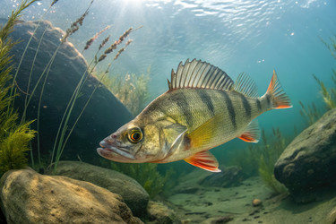 Крупный план европейского окуня, плавающего рядом с водными камнями и растениями в чистой воде в солнечный день. Генеративный искусственный интеллект - RomanZ