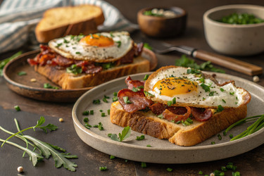 Вкусный завтрак с тостами, беконом и жареными яйцами. Генеративный ИИ - RomanZ