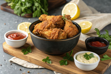 Хрустящая жареная курица, подается с соусами и свежим лимоном. Генеративный ИИ - RomanZ