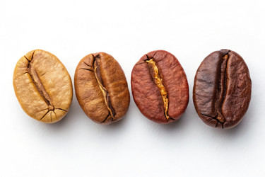 Сорта кофейных зерен, расположенные в ряд на белом фоне (генеративный ИИ) - RomanZ