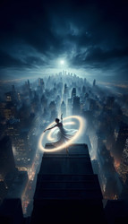 Финальный, эпический, кинематографический кадр, на котором танцовщица в белом, светящемся костюме исполняет спираль на крыше, а весь город раскинулся у нее под ногами. Изображение создано с помощью искусственного интеллекта - yuyu