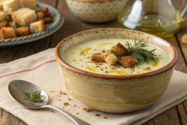 Вкусный сливочный суп с гренками и травами, подается теплым. Генеративный ИИ - RomanZ