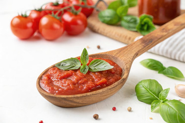Вкусный томатный соус со свежим базиликом на деревянной ложке. Генеративный ИИ - RomanZ