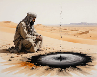 Bedouin in White Robe by Black Oil Puddle Before Discovery – Symbol of Future Wealth, Resource Conflict and National Prosperity - Kulkann75