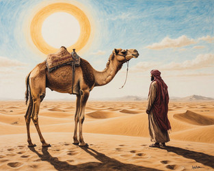 Dry Pastel Art of Bedouin with Camel in Desert – Warm Oriental Print for Travel Poster, Canvas or Cultural Calendar - Kulkann75