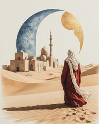 Middle Eastern Art of Woman in Traditional Dress Standing Between Desert and City – Cultural Print for Travel or Editorial Branding - Kulkann75