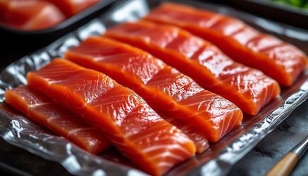 Филе красной рыбы нарезанными кусочками на тарелке в деревенском стиле – презентация морепродуктов - Kulkann75