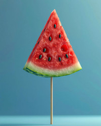 Natural Slice of Ripe Watermelon on Stick Over Blue Background – Fresh Summer Snack for Tropical Party or Juice Bar Promo - Kulkann75