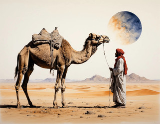 Dry Pastel Art of Bedouin with Camel in Desert – Warm Oriental Print for Travel Poster, Canvas or Cultural Calendar - Kulkann75