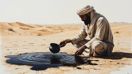 Bedouin in White Robe Sitting by Black Oil Puddle Before Discovery – Symbol of Future Middle East Wealth and Resource Conflict - Kulkann75