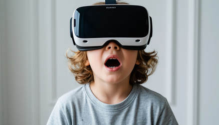 Ребенок в VR-очках, выражающий восторг, восторженный ребенок, познающий виртуальную реальность для игр, технологий или концепций будущего - Kulkann75